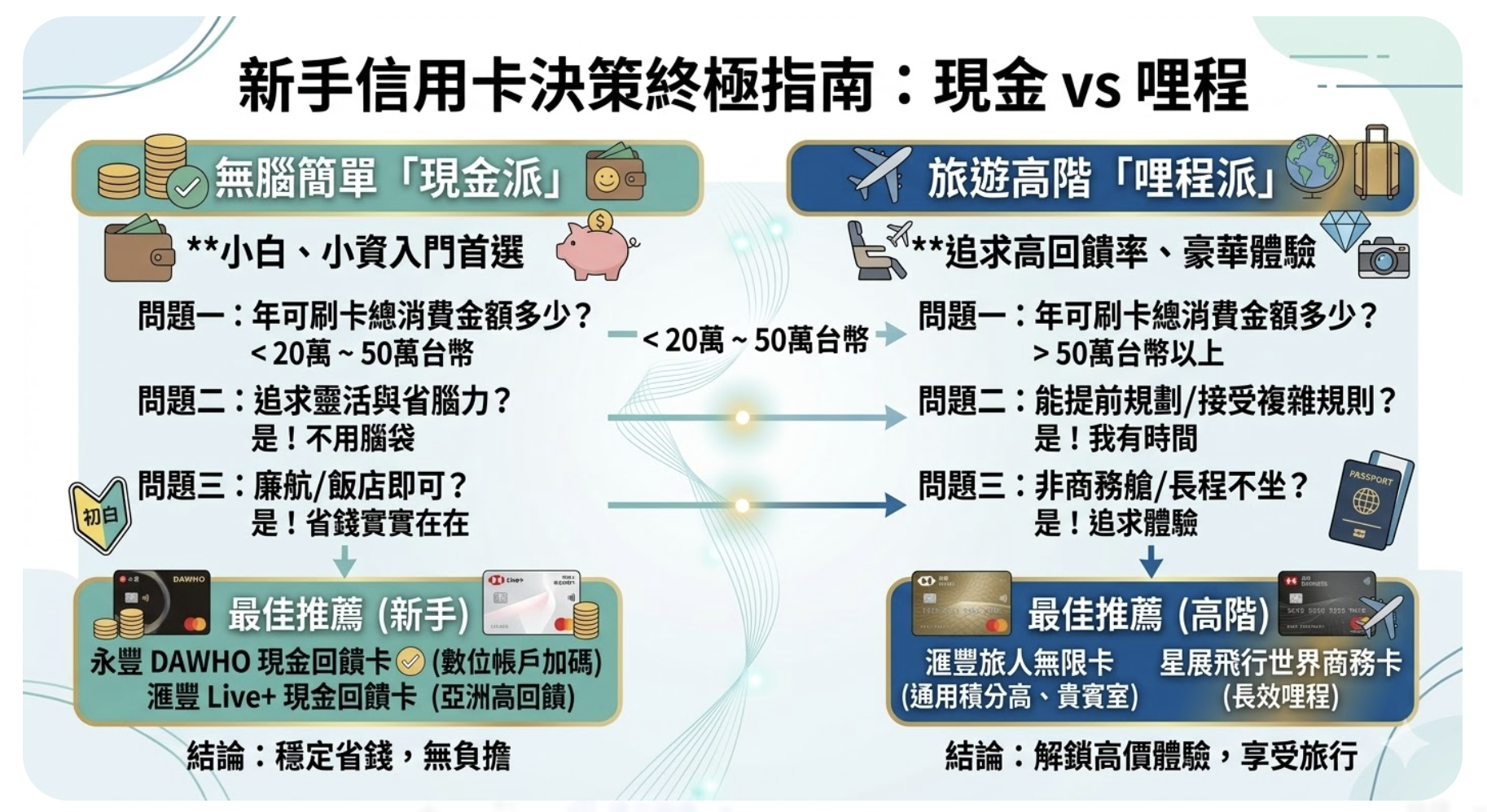 2026 信用卡終極指南（下）：三圖定乾坤！小白新手無腦「現金派」vs. 高階「哩程派」終極決策圖