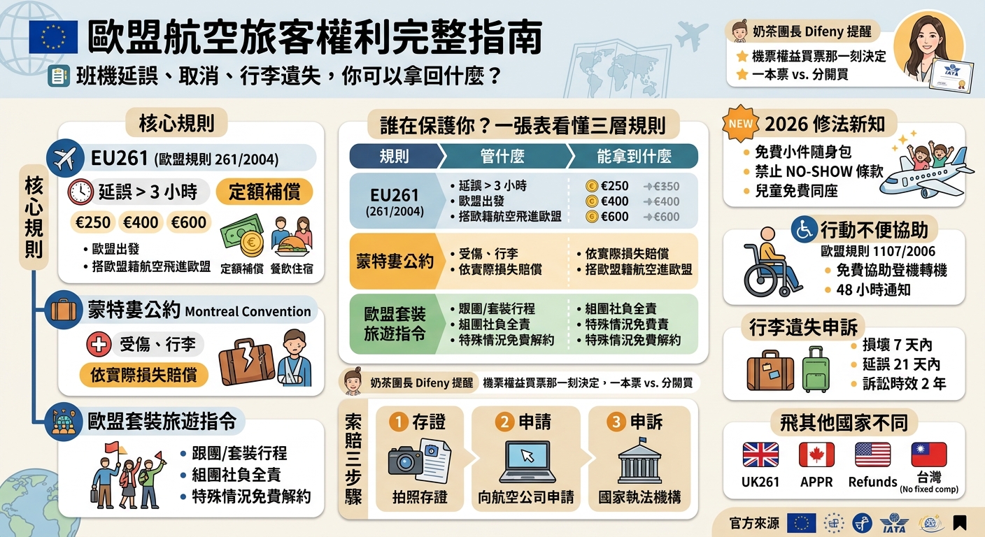 網站近期文章：歐盟航空旅客權利完整指南｜班機延誤賠償、航班取消、行李遺失怎麼辦（2026 修法更新）