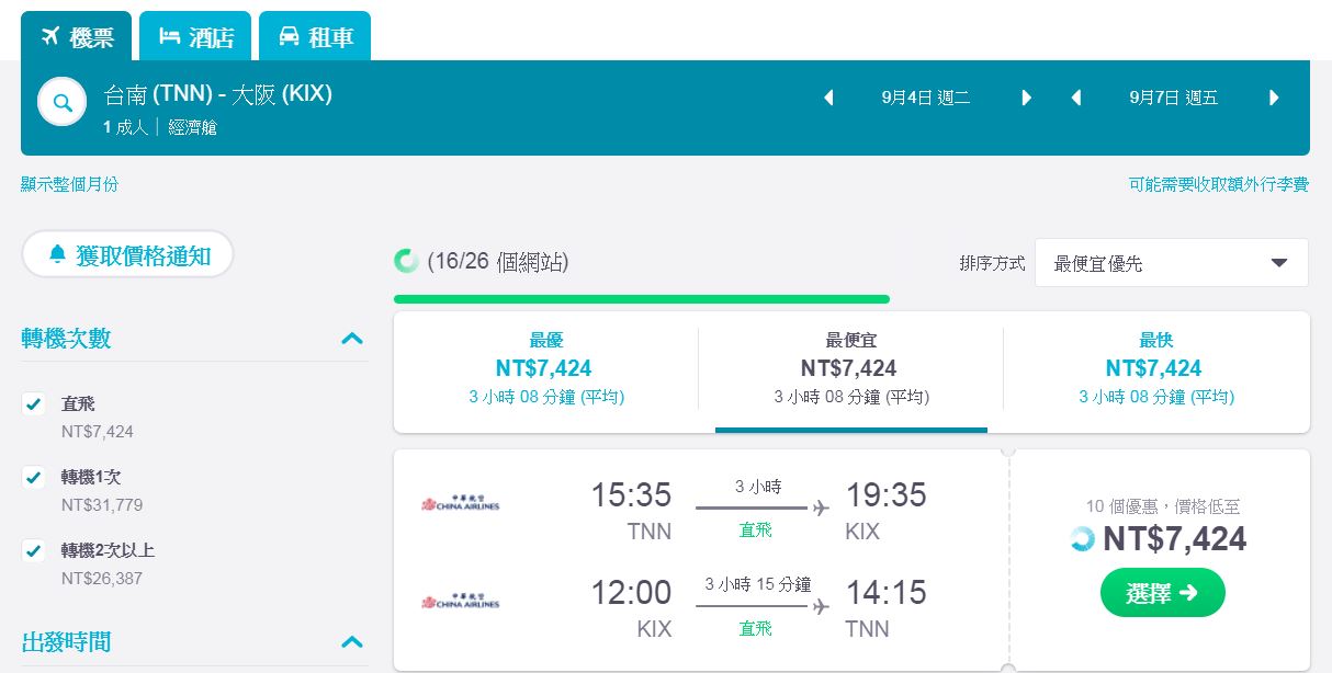 8/31~10月中，台南出發到大阪7400起來回～高雄﹑台北同時促銷（查票：107.4.16）